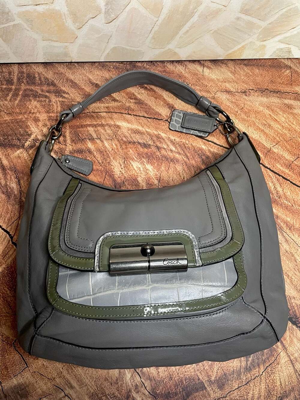 Coach Kristin Spectator Gray Leather Croc Embossed Hobo Shoulder Bag